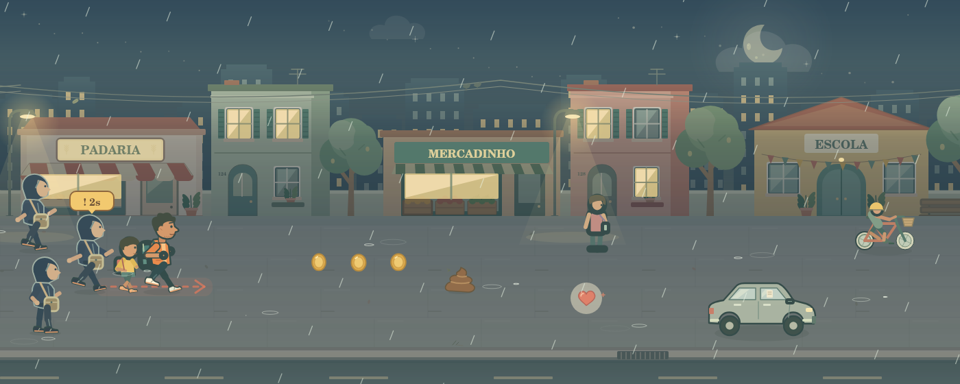 Cena noturna renderizada pelo jogo, mostrando chuva, iluminação do bairro e perseguidores com aviso antes da arrancada.
