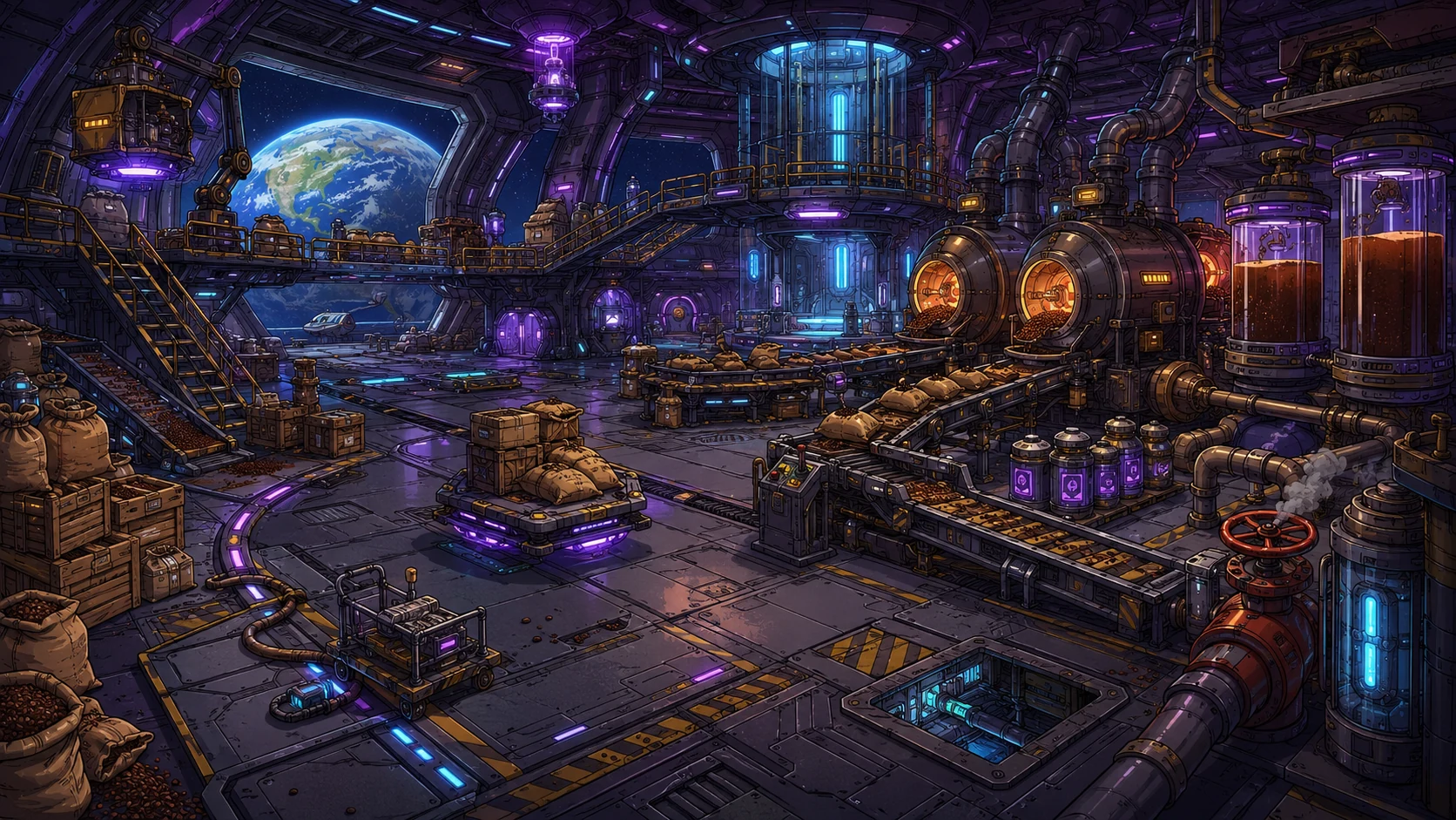 Fábrica orbital de café alienígena, em Project: Decaf Apocalypse.