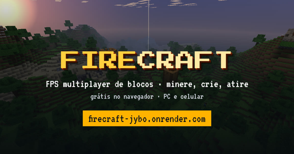 Arte oficial de FireCraft, mostrando um mundo de blocos e a proposta de FPS multiplayer no navegador.
