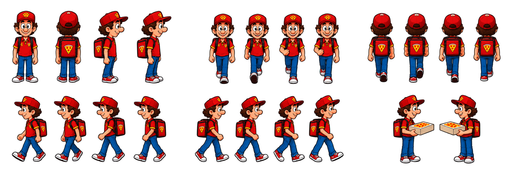 Estudo visual das poses e ações do entregador de Protocolo: Pizza.