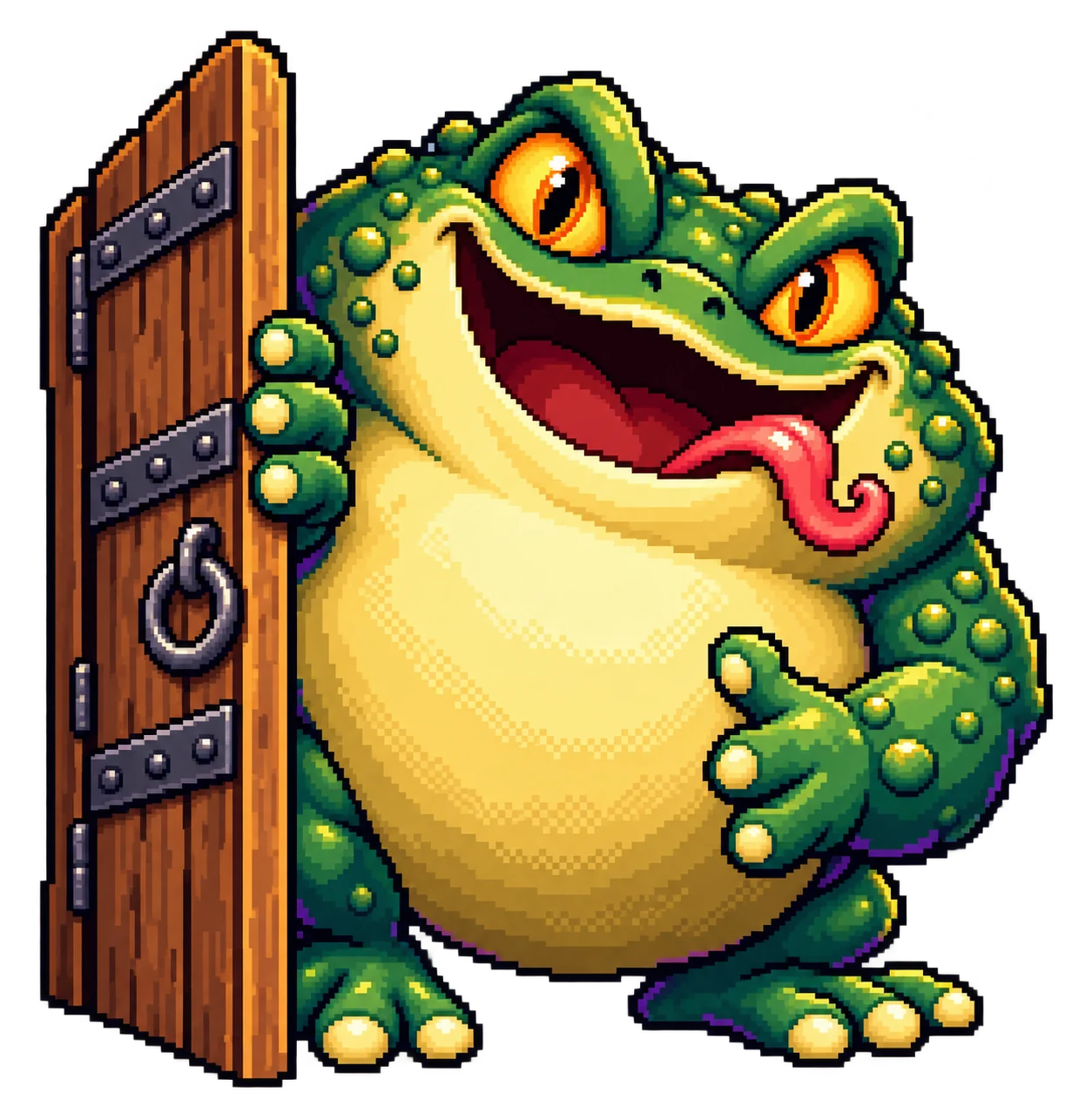 Sapo Papão em pixel art, abrindo uma porta de madeira com um grande sorriso